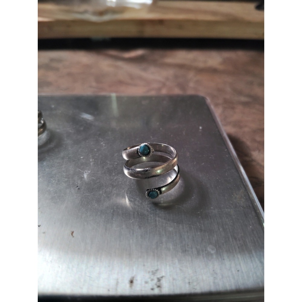 925 Sterling Silver Turquoise Color Spiral Adjustable Ring Bypass Blue Stone